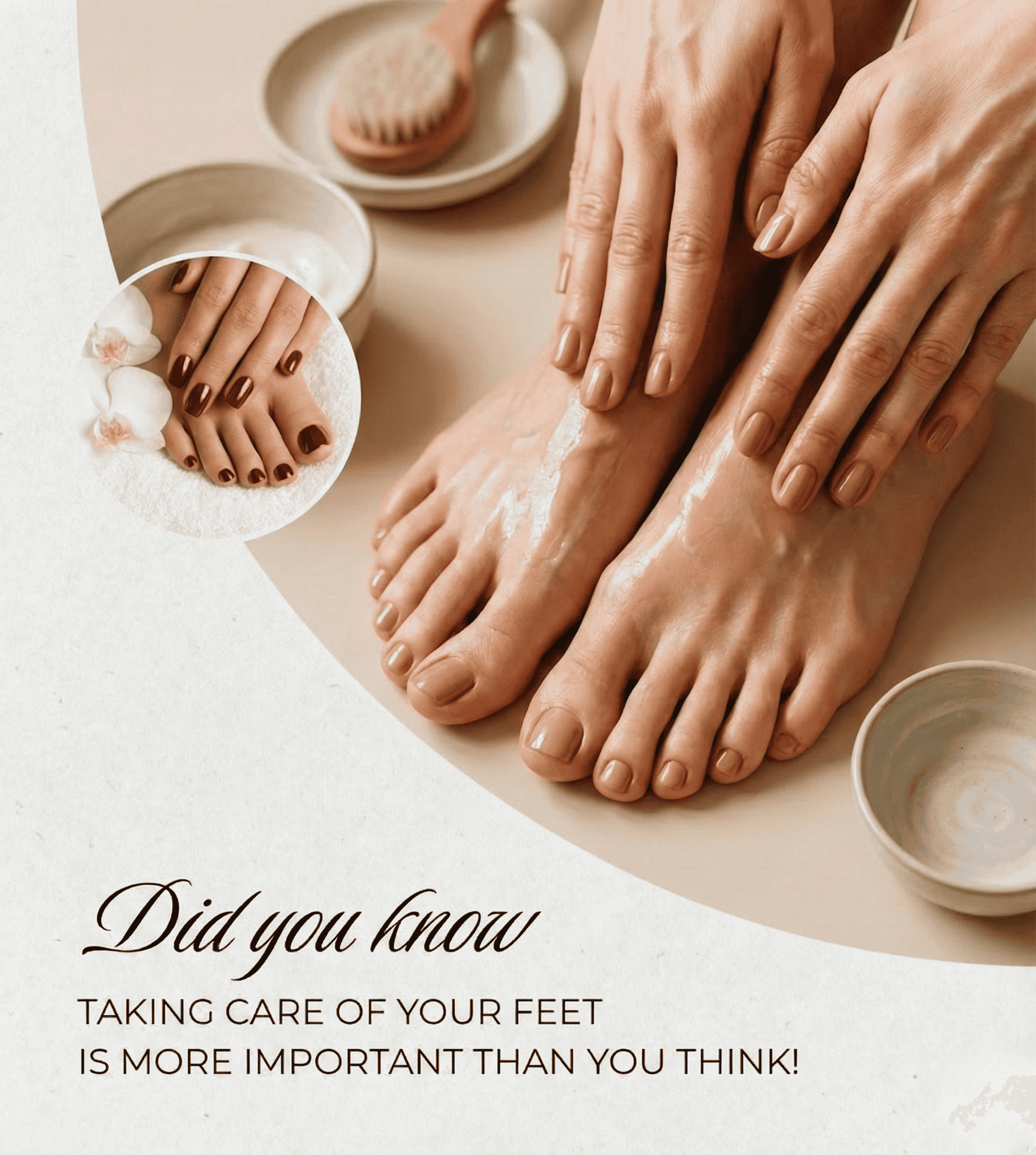 Hands and feet receiving skincare treatment with manicured nails and spa items.